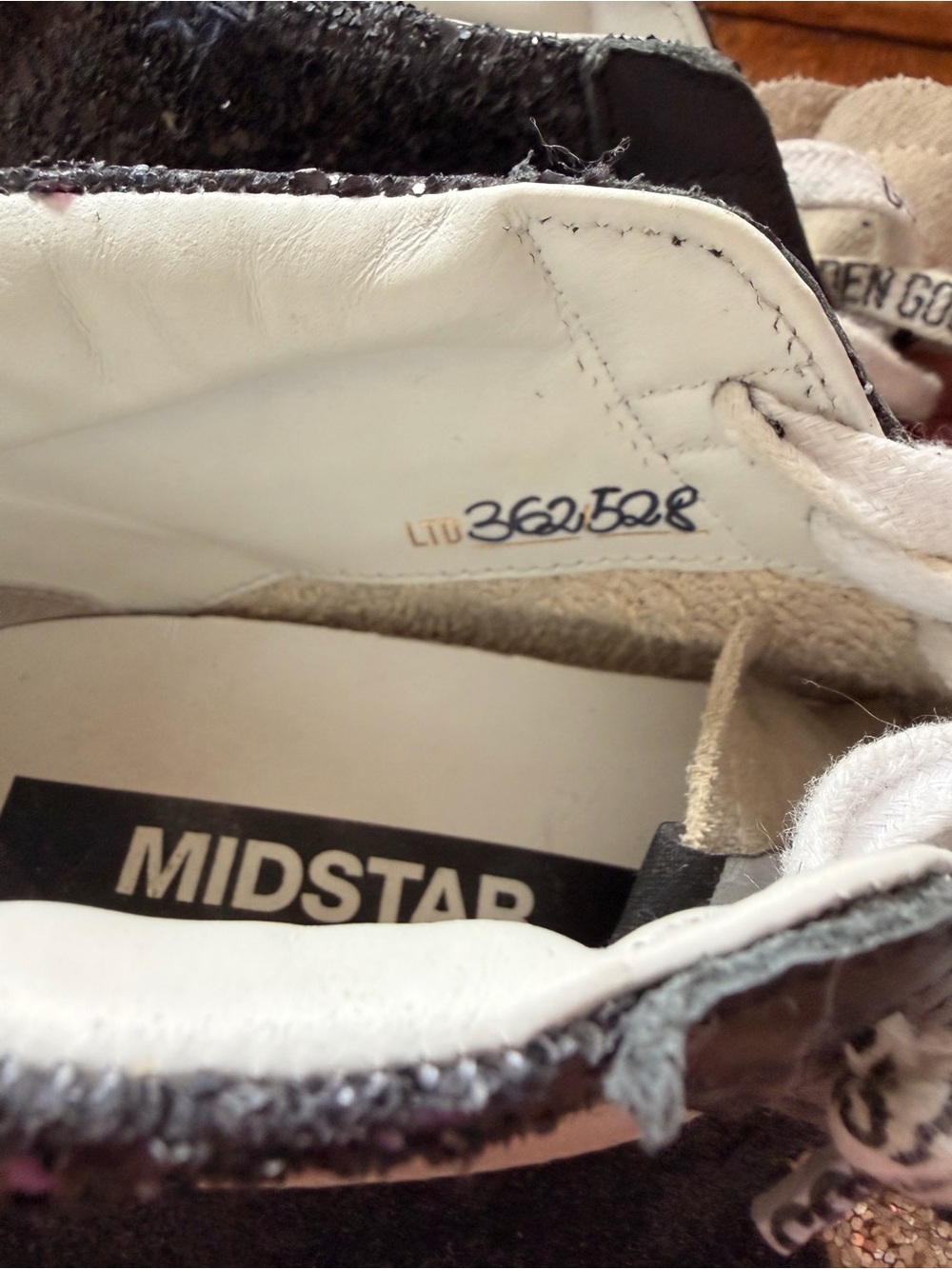 Golden Goose Kids Black and Beige High-Top Sneakers with Gold Glitter Star - Picture 5 of 9